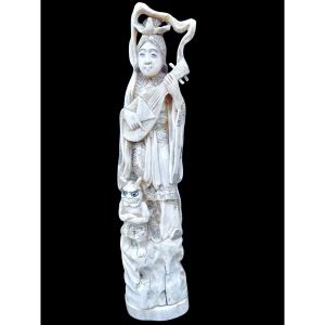 Ivory Okimono Sculpture Depicting A Female Figure With A Musical Instrument And Oni.