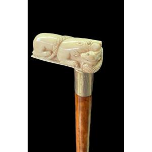 Walking Stick With Ivory Side Handle Depicting Lion And Snake. 