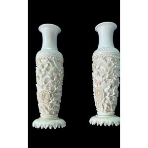 Pair Of Ivory Vases With Floral Decoration In Bas-relief. 