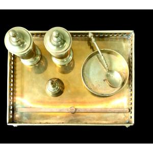 Inkwell - Bronze Writing Set With Perforated Tray With Lion Feet And Various Components. 