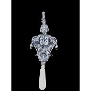 Silver Baby Rattle With Child Figure. Europe. 13.5 Cm (silver Part 9.5 Cm)