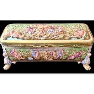 Polychrome Porcelain And Bronze Box With Bas-relief Decoration Featuring Neoclassical Scenes. 