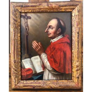 Peinture à l'Huile Sur Cuivre Représentant San Carlo Borromeo. 