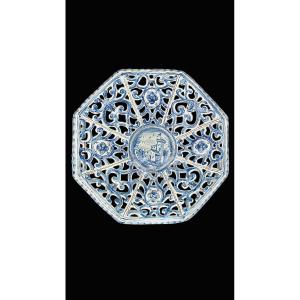 Octagonal-shaped Perforated Majolica Plate With A Monochrome Turquoise 