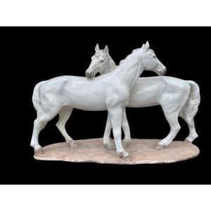 Ceramic Sculpture With Base Depicting A Pair Of Horses. 