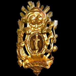 Holy Water Stoup In Wood And Gold Leaf With Rocaille Motifs, Cherubs,