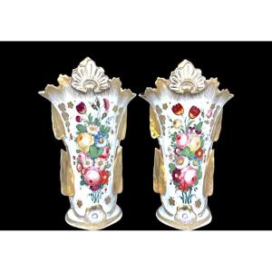 Pair Of Trumpet-shaped Porcelain Vases With Leaf Handles, Embossed Plant Motifs 