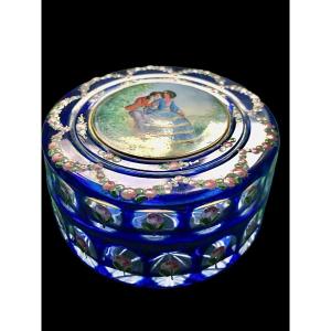 Cased And Ground Crystal Box With Enamel Decorations Of Floral Subject And Gallant Scene. 