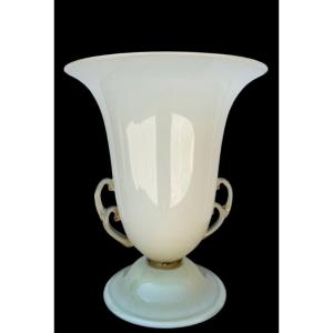 Glass Cup Lamp In Milky-amber Glass With Two Handles And Gold Inserts. 