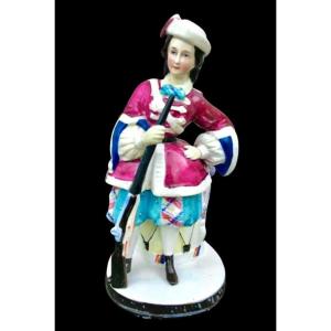 Porcelain Tobacco Box With Female Figure With Rifle And Drum. 