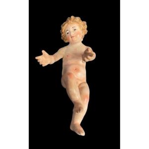 Enfant Jésus En Terre Cuite Polychrome Aux Yeux En Verre. 