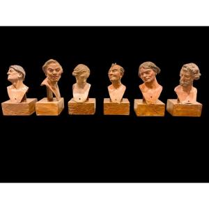 Series Of 6 Heads Of Neapolitan Nativity Scene Figurines In Painted Terracotta 