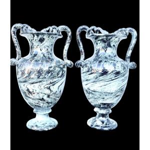 Pair Of Vases With Two Snake-shaped Handles And Marbled Decoration. 