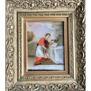 Painting On Glass Depicting Saint Aloysius Gonzaga. Gilded Wooden Frame 