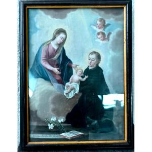 Oil Painting On Canvas Depicting Saint Stanislaus Kostka, Madonna With Baby Jesus And Cherubs. 