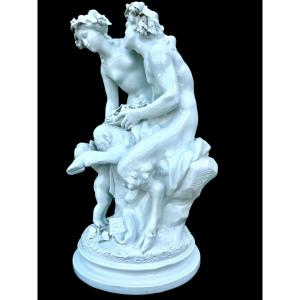 Large Porcelain Sculpture Group (bastard Boulder) Depicting A Faun And Nymph With A Putto 