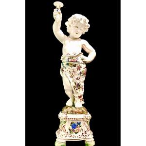 Pair Of Large Majolica Candlesticks With Polychrome Floral Decoration. Giovan Battista Viero 