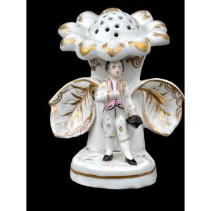 Toothpick Holder In Polychrome Porcelain With Male Figure And Flower Shape. 