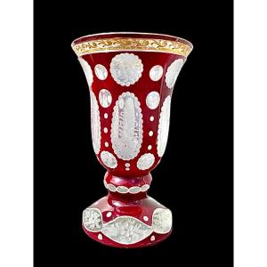 Glass Cup In Jacketed Glass With Bubbles And Stylised Plant Motifs And Gold. 