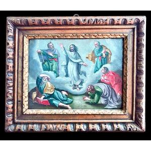 Oil Painting On Copper, Depicting Jesus With Apostles. Carved Wooden Frame. Italy. Cm 22 5x16,5