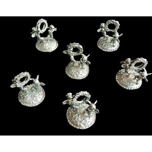 Set Of Six Silver Place Markers With A Pair Of Cherubs Holding A Garland. Im