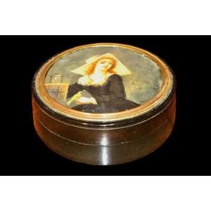 Papier Mache Box With Miniature Depicting A Lady With A Bird. 