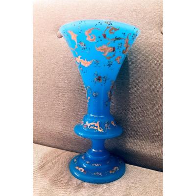 Enameled Blue Opaline Vase