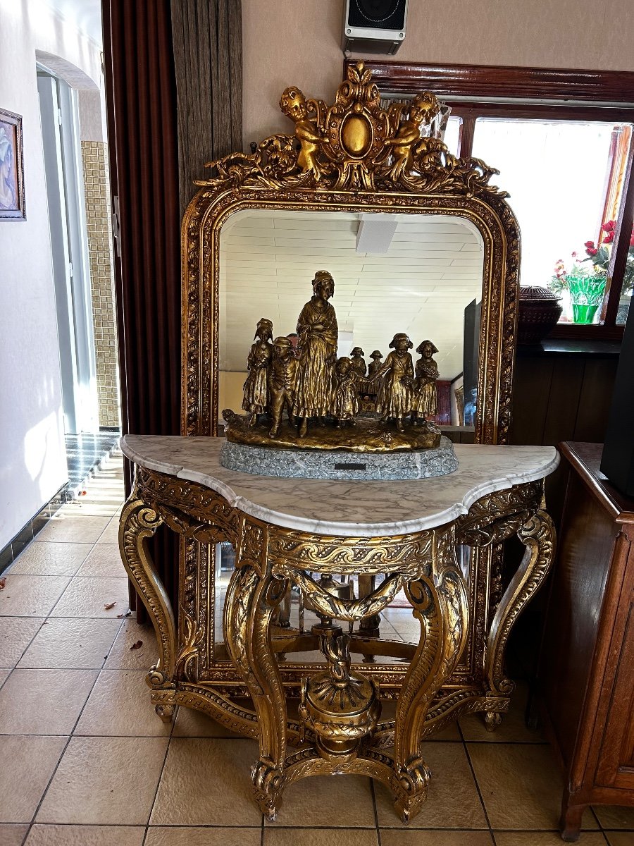 A Console With A Gilded Wooden Mirror 19th-20th Century -photo-2