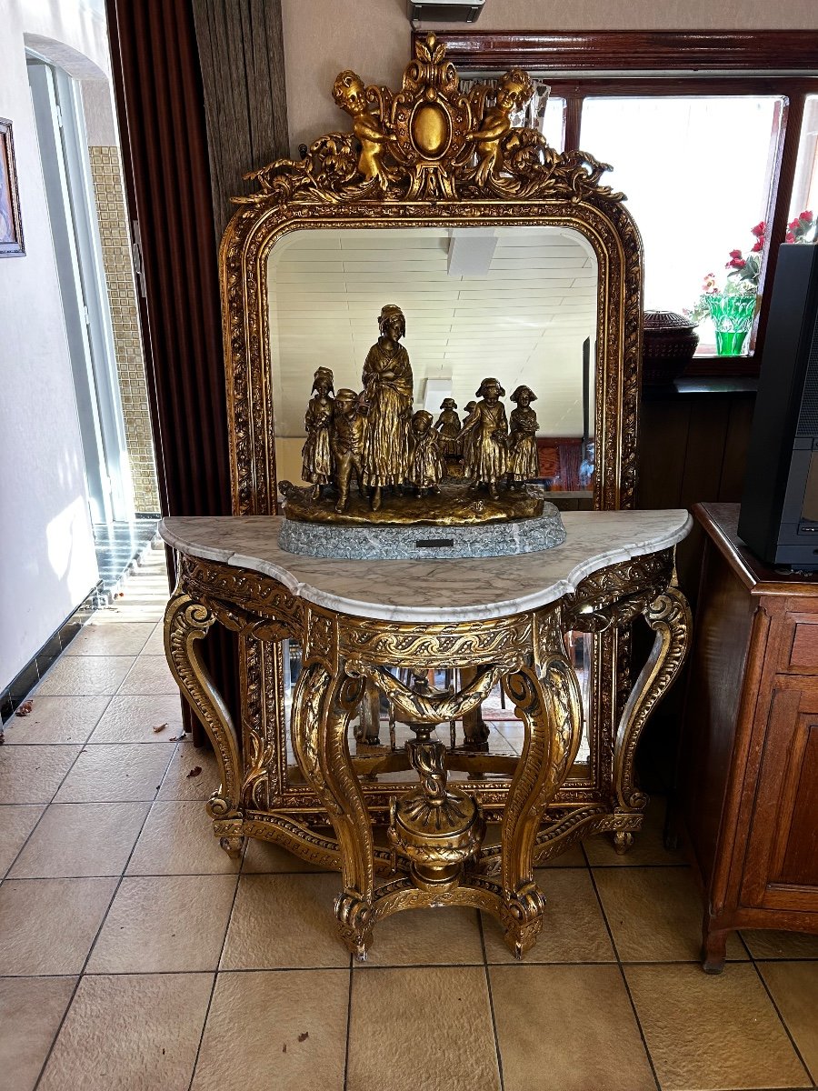 A Console With A Gilded Wooden Mirror 19th-20th Century -photo-1