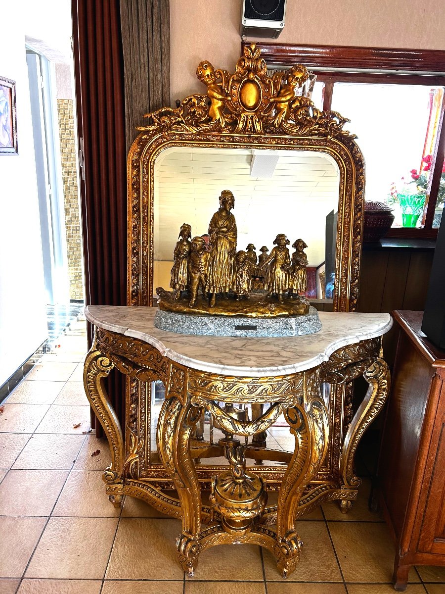 A Console With A Gilded Wooden Mirror 19th-20th Century 