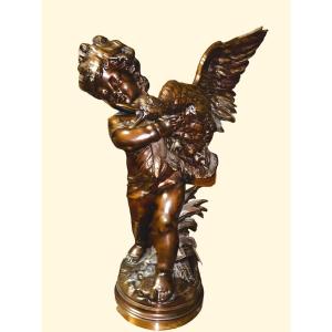A Bronze From 19th Century The Child With The Duck Sig Aug Moreau