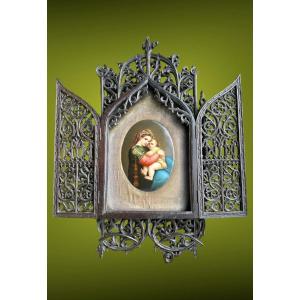 Virgin And Child: Painting On Porcelain, Wooden Frame In Gothic Style 19th Century