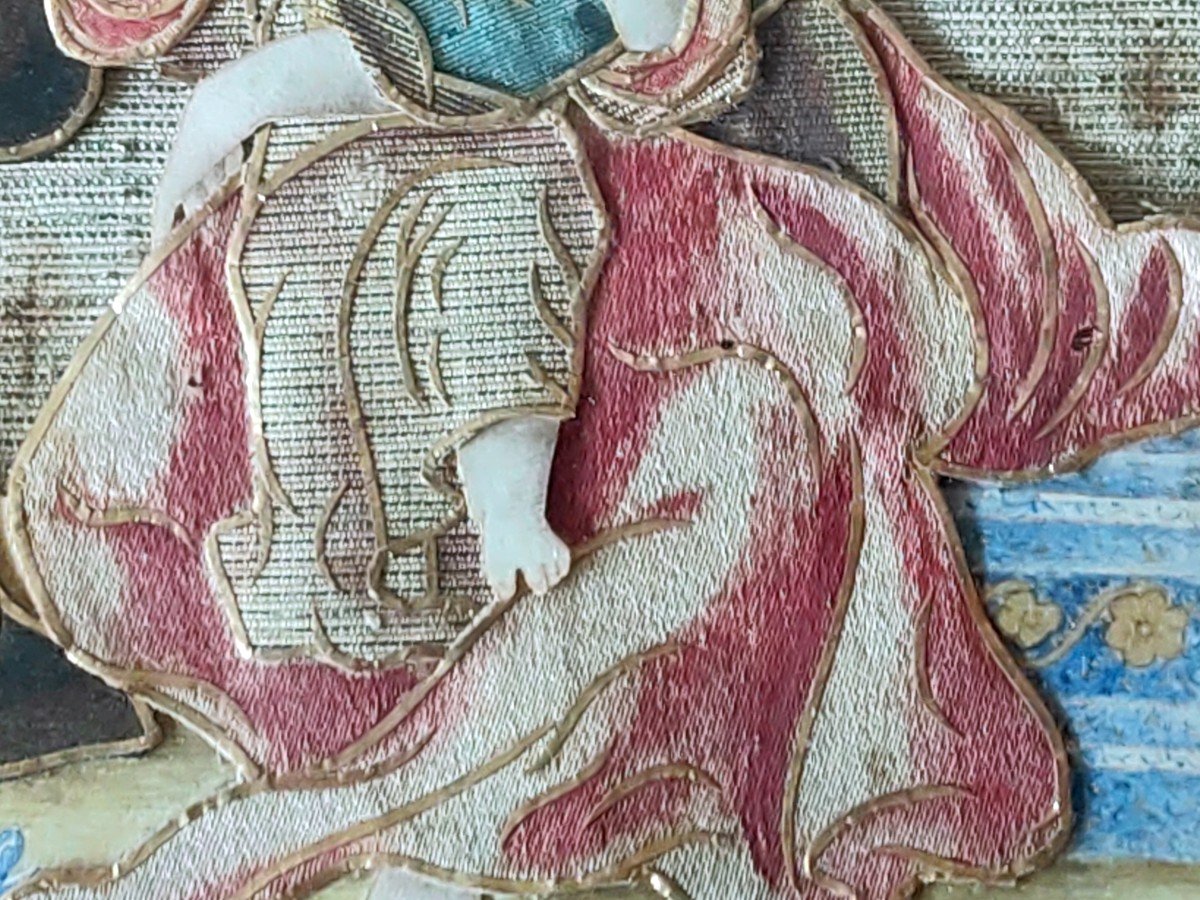 Gouache On Parchment Fabric Enhanced With Gilding On A Woven Silver Background, 17th Century-photo-2