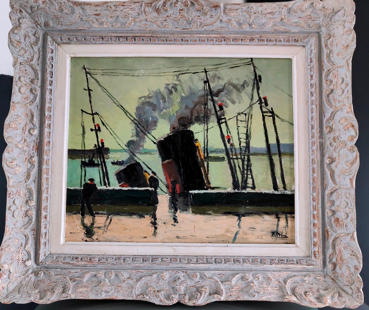 Tableau Port Animé Par René Prin 1905 - 1985