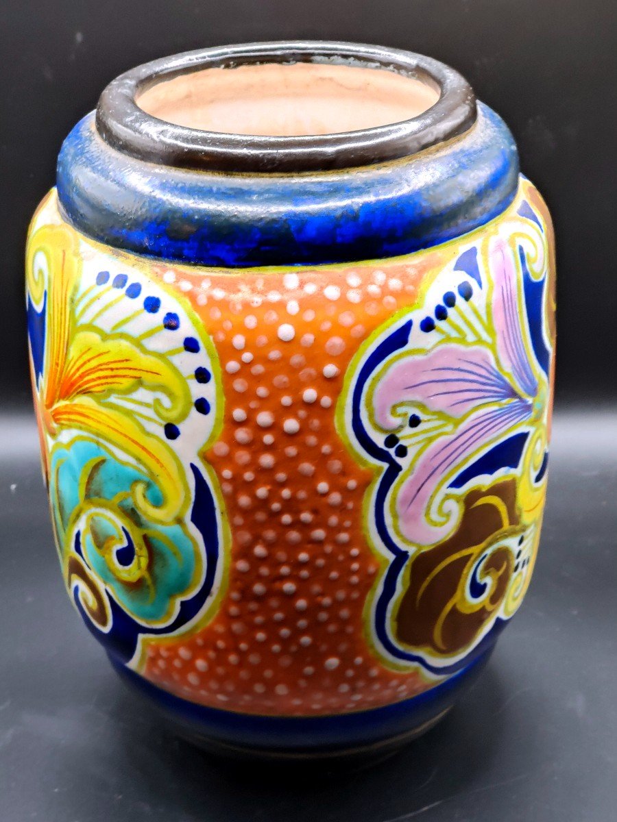 Polychrome Earthenware Vase With Flower Decorations Signed Louis Fontinelle Circa 1930-photo-2