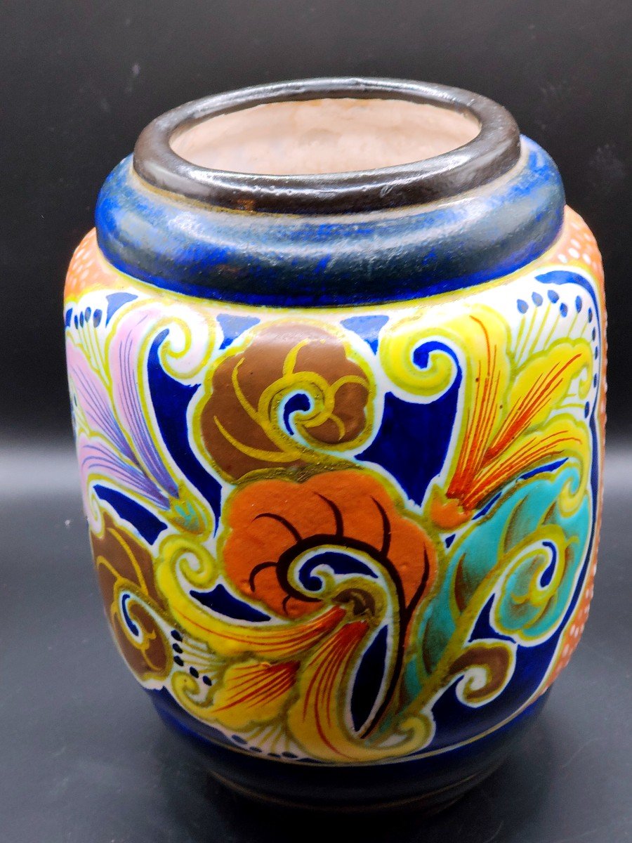 Polychrome Earthenware Vase With Flower Decorations Signed Louis Fontinelle Circa 1930-photo-3