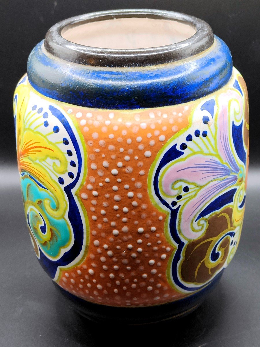 Polychrome Earthenware Vase With Flower Decorations Signed Louis Fontinelle Circa 1930-photo-4