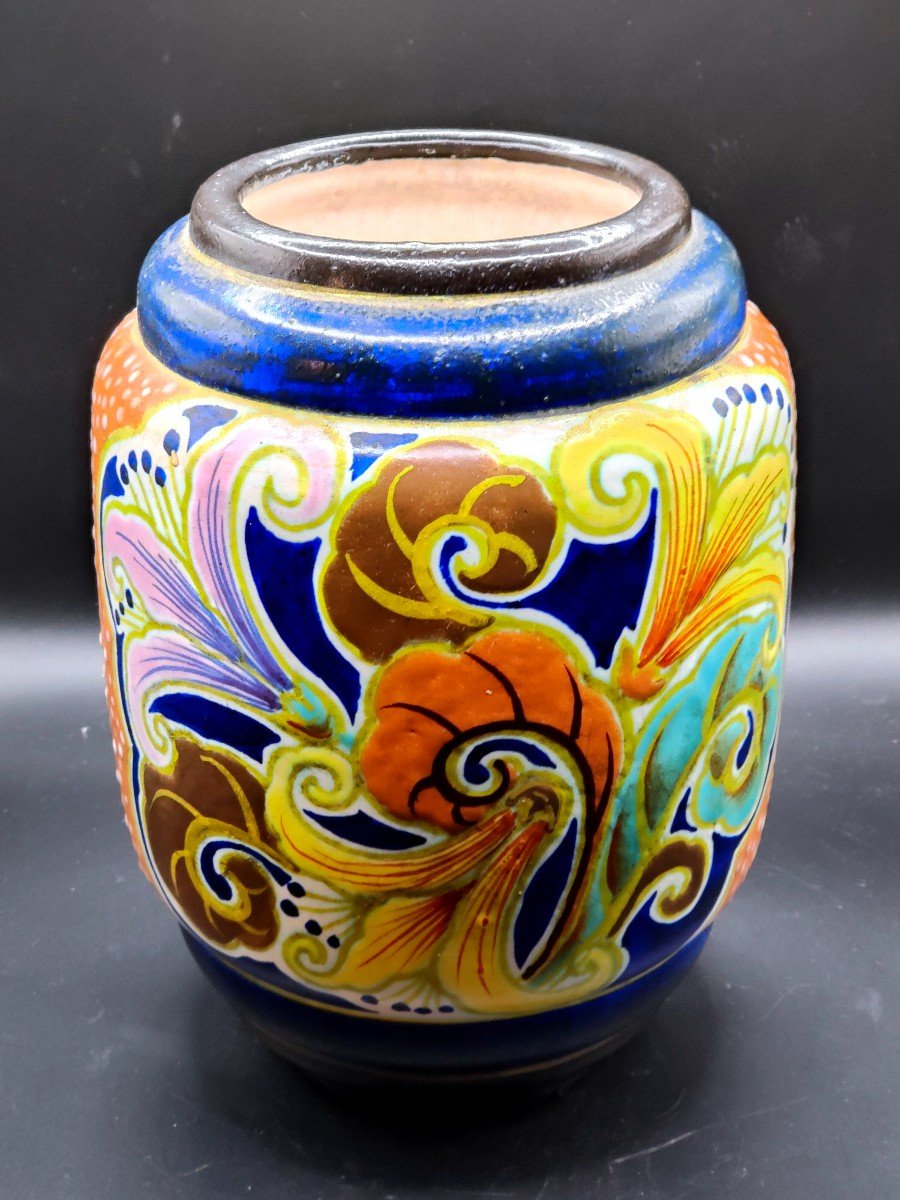 Polychrome Earthenware Vase With Flower Decorations Signed Louis Fontinelle Circa 1930