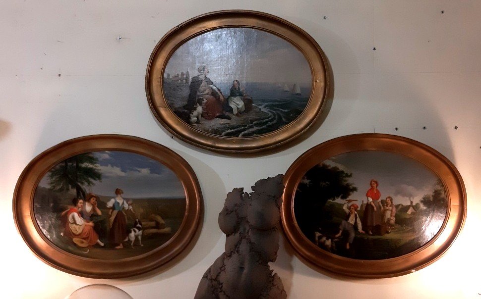 Ensemble de trois huiles sur toile XIX eme Ecole Française vers 1830 1840-photo-4