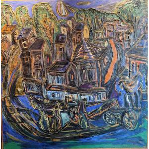 Tableau Village par Jacques Chevalier entre Figuration et Abstraction 1954 format !