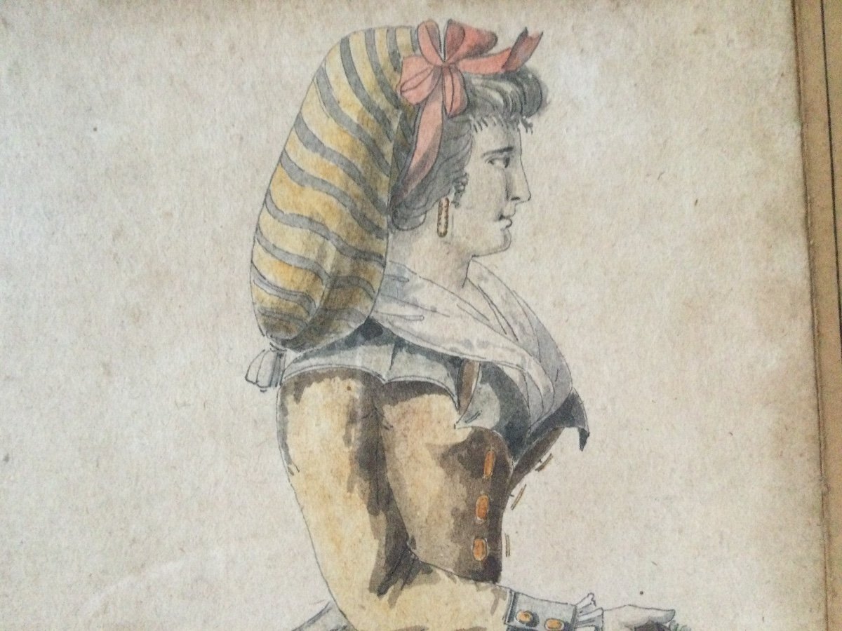 Femme En Costume, Aquarelle, Fin 18ème