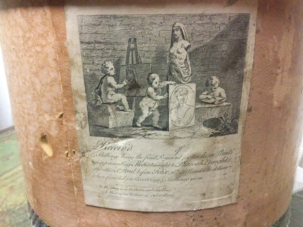 Cardboard Box And Printed Engravings By Hogarth, Tickets For The Harlots Progress, Late 18th Century.-photo-3