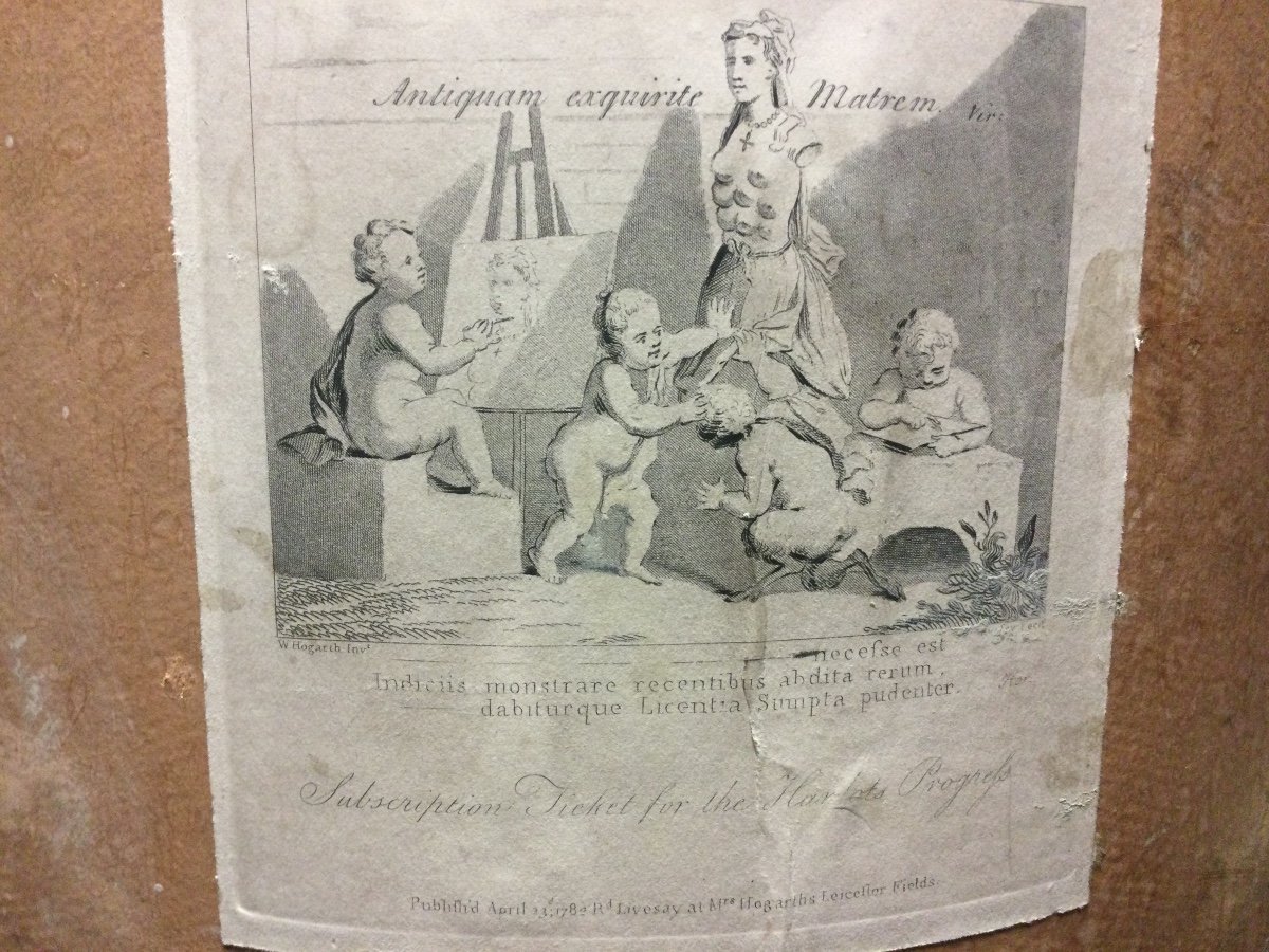 Cardboard Box And Printed Engravings By Hogarth, Tickets For The Harlots Progress, Late 18th Century.-photo-1