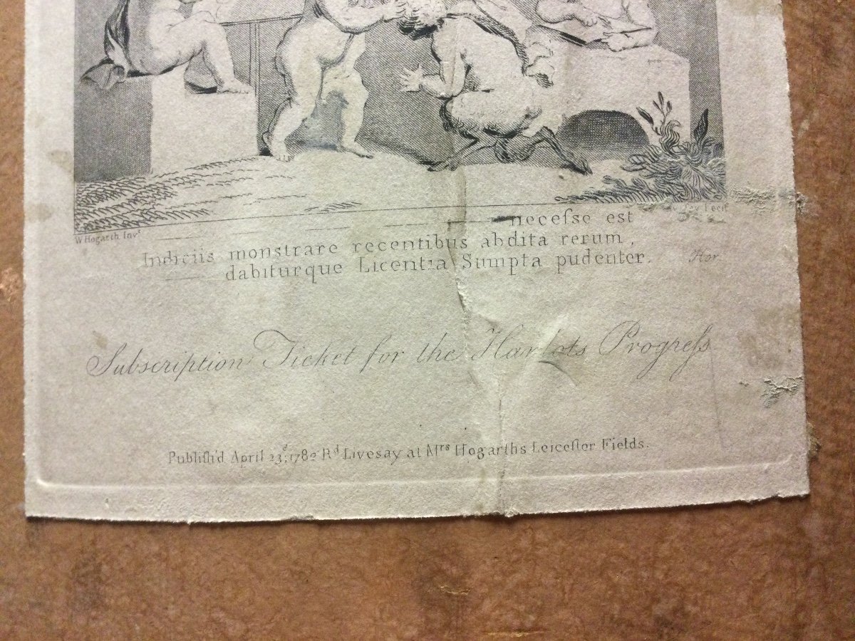 Cardboard Box And Printed Engravings By Hogarth, Tickets For The Harlots Progress, Late 18th Century.-photo-2