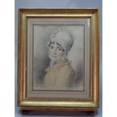 Drawing, Portrait Of Woman In Bonnet And Ruban Bleu Blanc Rouge, Beginning Of XIX Century.