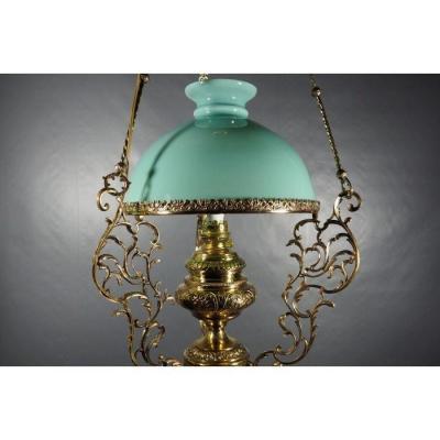 Suspension en laiton, bronze et verre opaline - France, fin du XIXe 