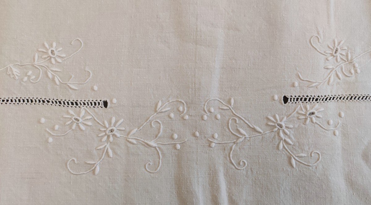 White Linen Sheet 388x232 Flower Frieze With Handmade Bobbin Embroidery Back-photo-2