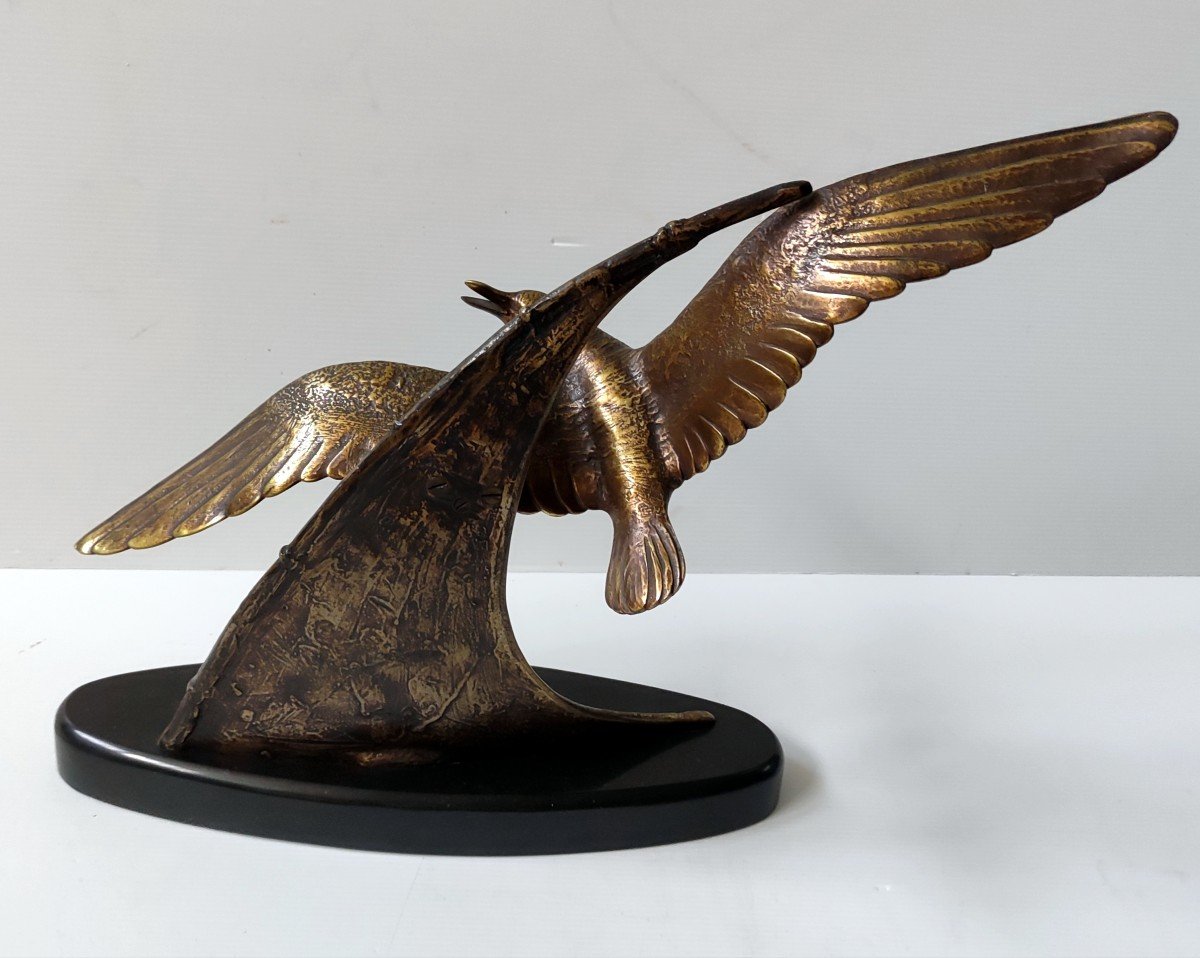 Bronze Sculpture Statue Bird In Flight Boat Sail Sign Guy Art Deco-photo-2