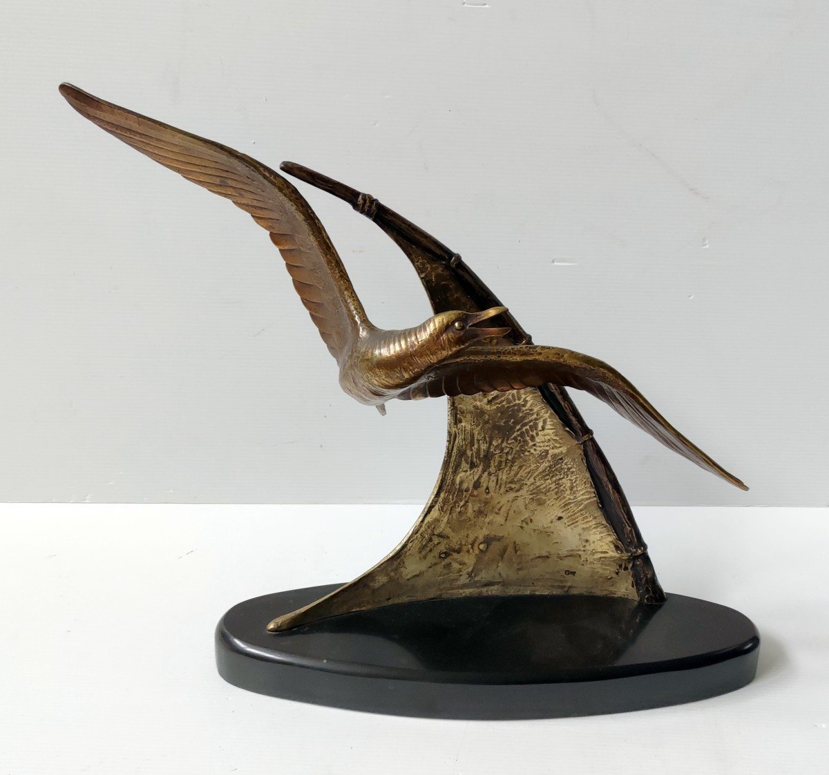 Bronze Sculpture Statue Bird In Flight Boat Sail Sign Guy Art Deco