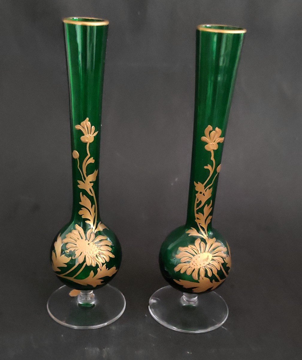 Pair Of Soliflore Vase Green Crystal Enamel Gilded With Fine Gold Baccarat Floral Decor 19th